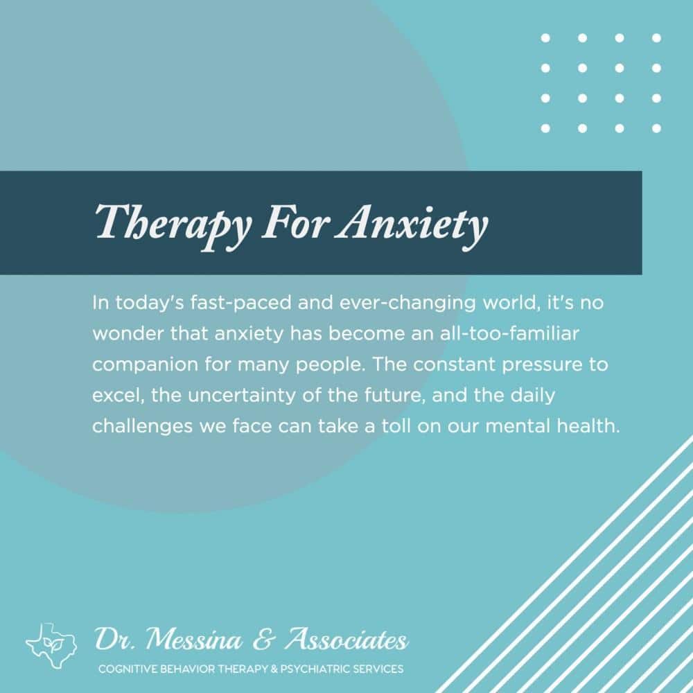 A blue and white poster with the words therapy for anxiety
